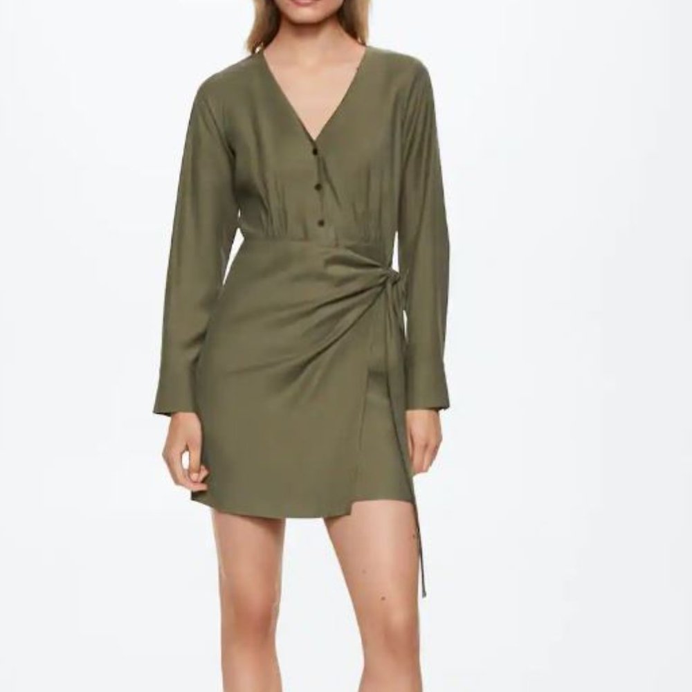 Mango Flowy Bow Dress NWT in Olive Size Medium